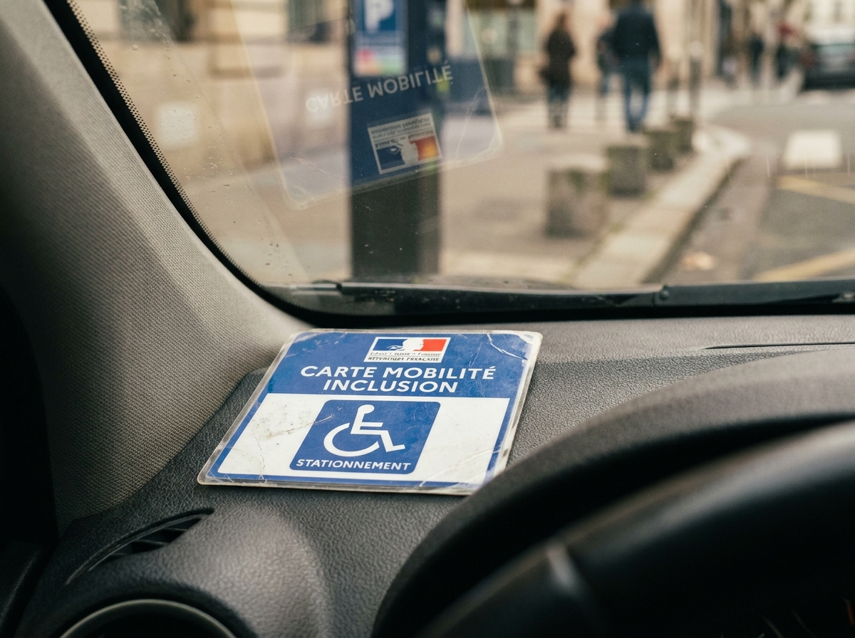 Gros plan sur une carte mobilité inclusion mention stationnement posée sur le tableau de bord d'un véhicule garé en stationnement réservé
