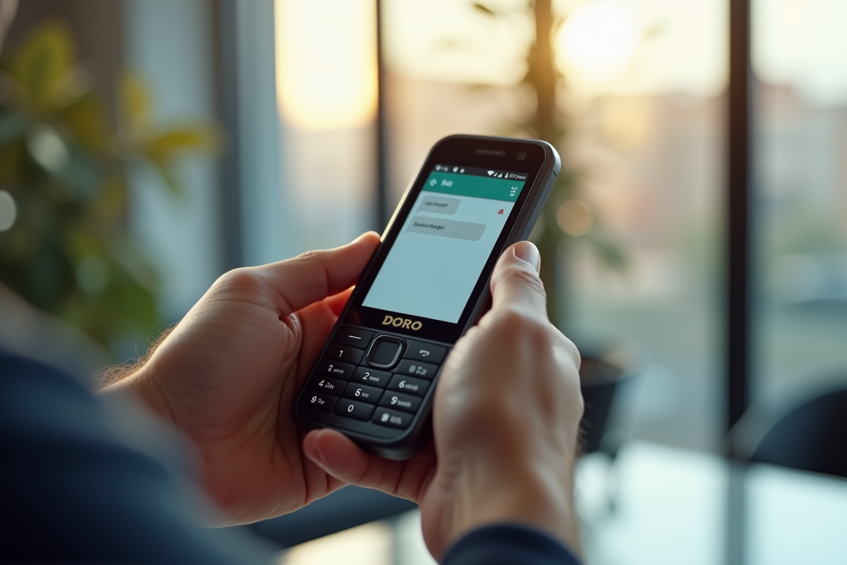 Gros plan d un telephone Doro affichant un SMS en cours de rédaction