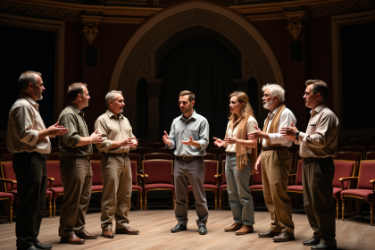 Groupe d'acteurs de theatre en rehearsal dans un vieux theatre