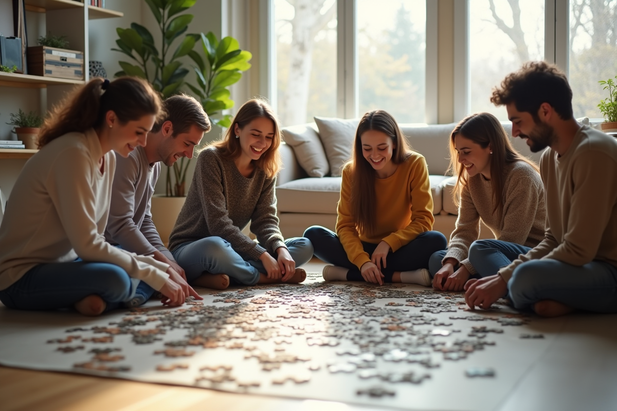Groupe d adultes riant autour d un puzzle dans un salon lumineux
