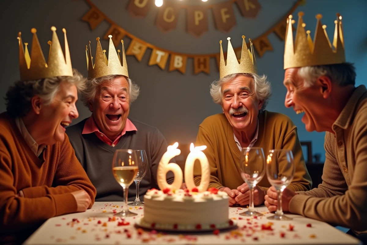 Groupe d'amis de 60 ans autour d'un gâteau d'anniversaire festif avec bougies et décorations humoristiques