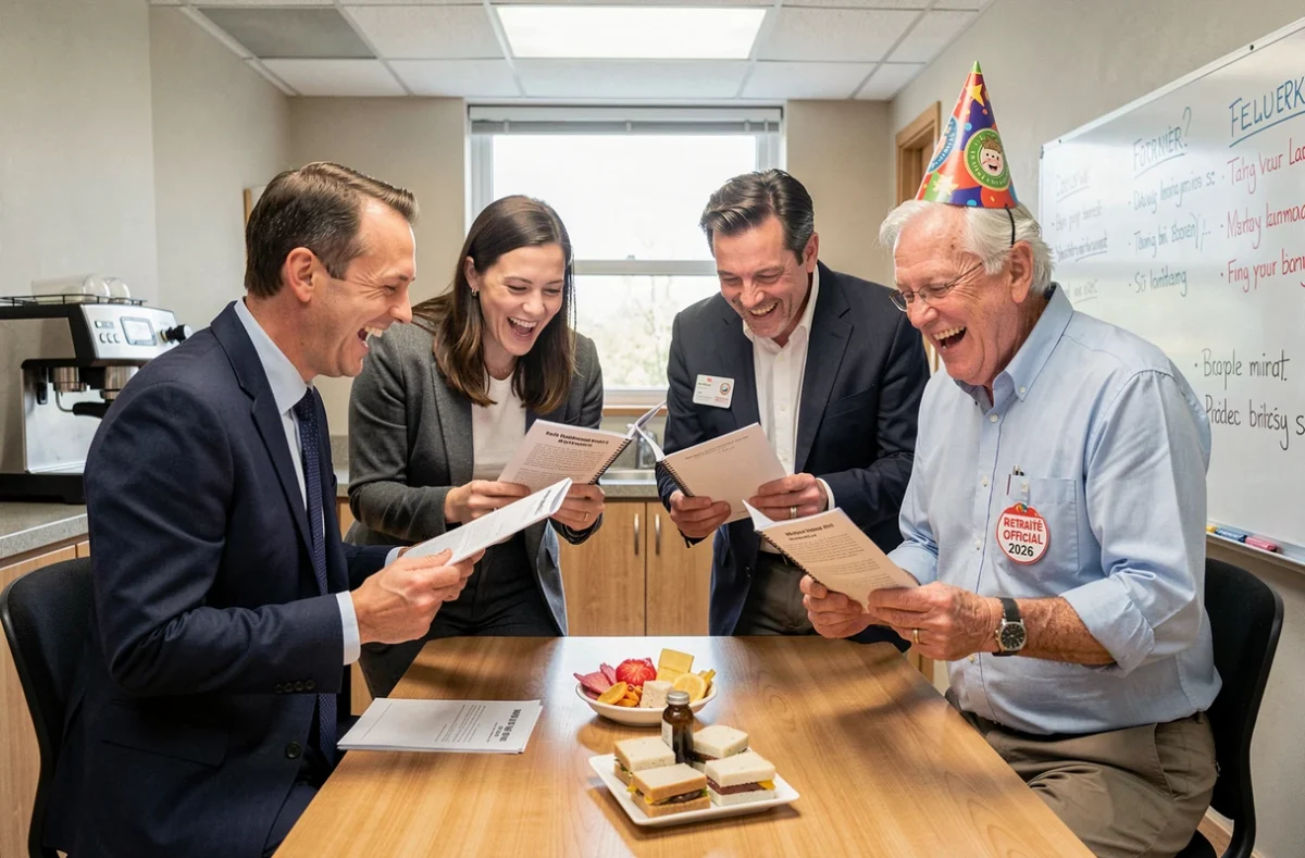 Groupe de collègues riant autour de blagues de retraite dans une salle de pause décorée pour un pot de départ en 2026