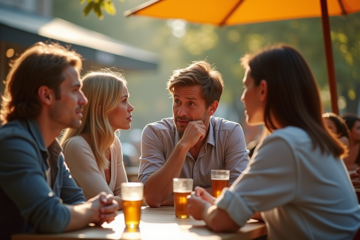 Groupe en conversation dans un café ensoleille, personne mal à l