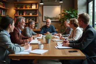 Groupe diversifié en discussion dans un lounge cosy
