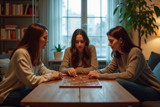 Trois adultes jouent à un jeu de société dans un salon chaleureux