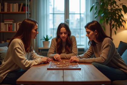 Trois adultes jouent &agrave; un jeu de soci&eacute;t&eacute; dans un salon chaleureux