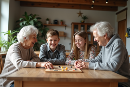 Famille jouant à un jeu de société dans une cuisine chaleureuse
