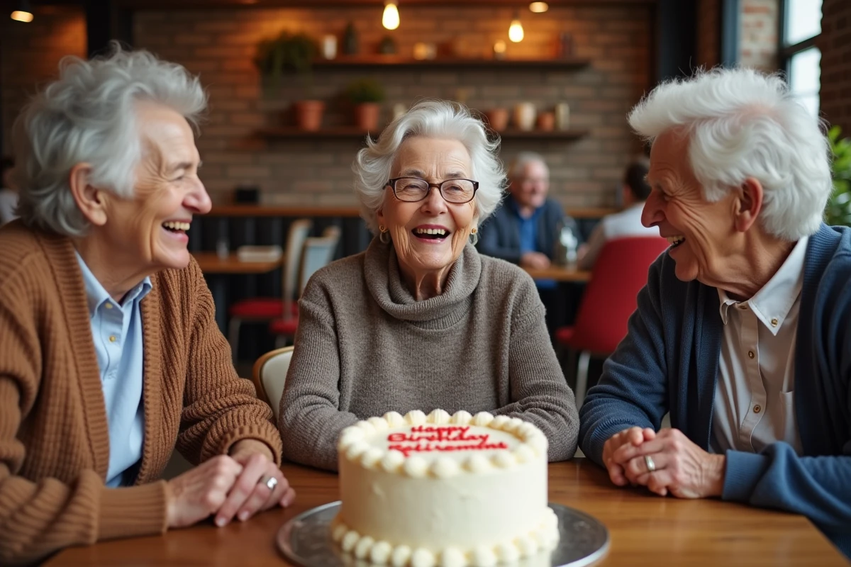 Groupe de retraités riant ensemble autour d'un gâteau humoristique en café, représentant l'humour collectif à la retraite