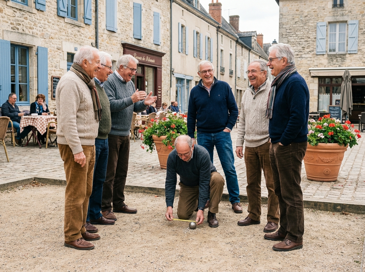 Retraites jouant à la pétanque dans une place de village