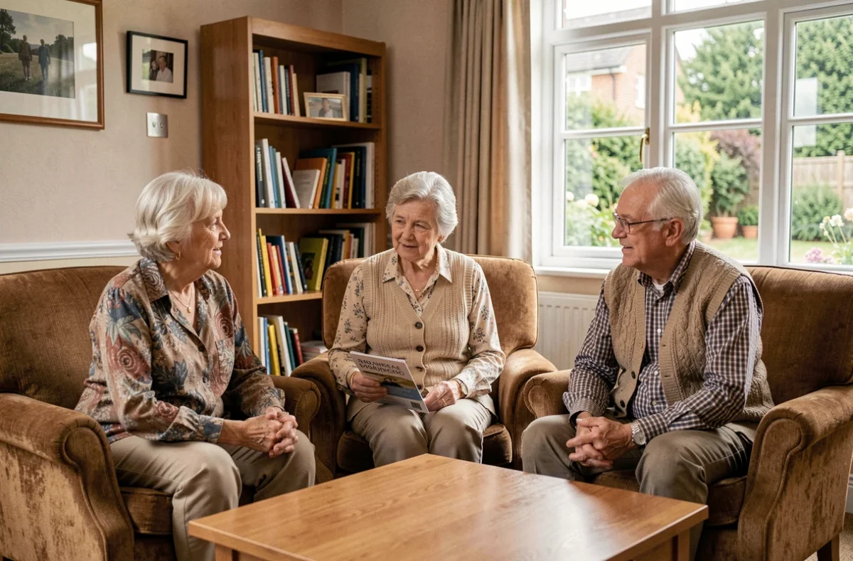 Groupe de personnes âgées discutant de leurs droits dans le salon d'un établissement pour seniors, en lien avec la charte 2026