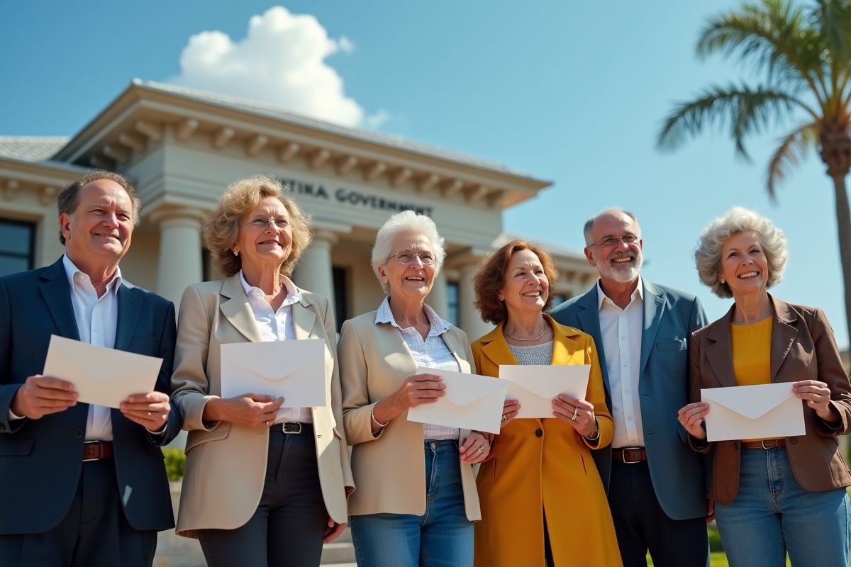 Groupe de seniors dehors devant un bâtiment gouvernemental