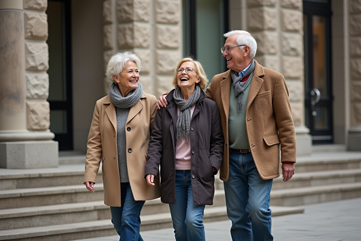 Groupe de seniors marchant et riant devant une bibliothèque urbaine