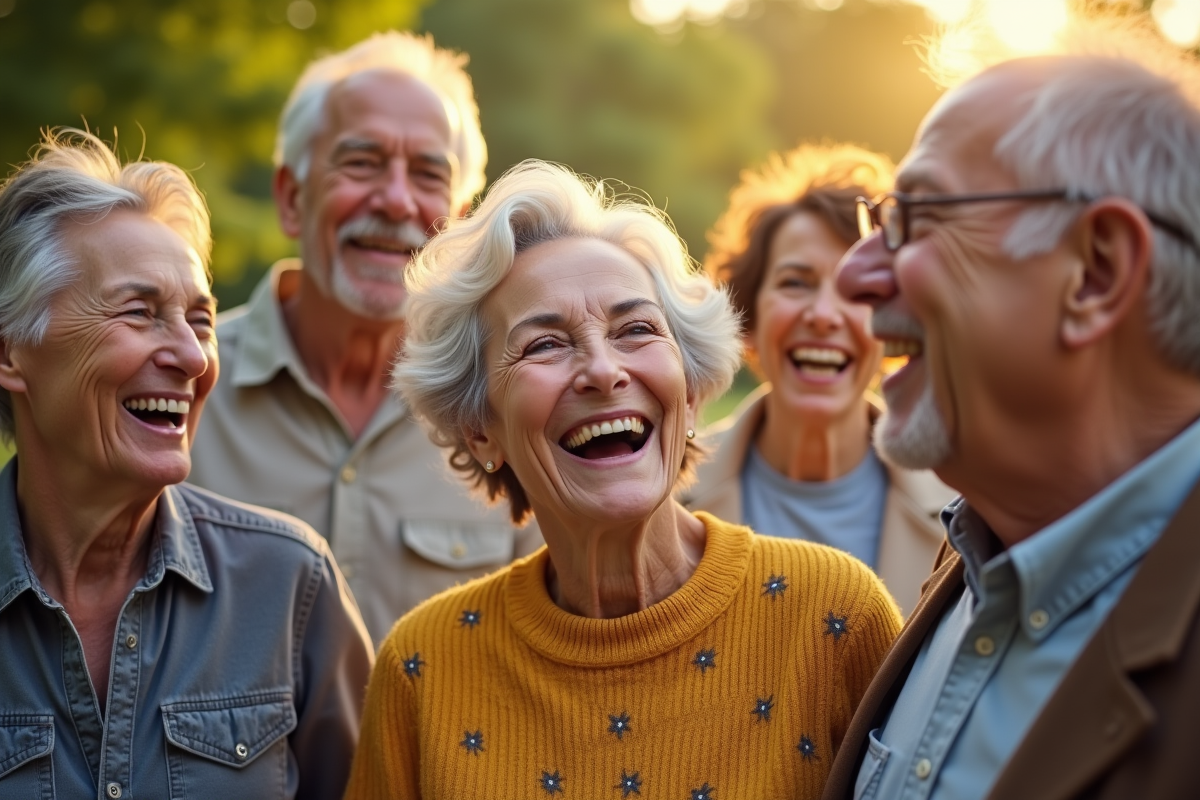 Groupe de seniors riant dans un parc en plein soleil