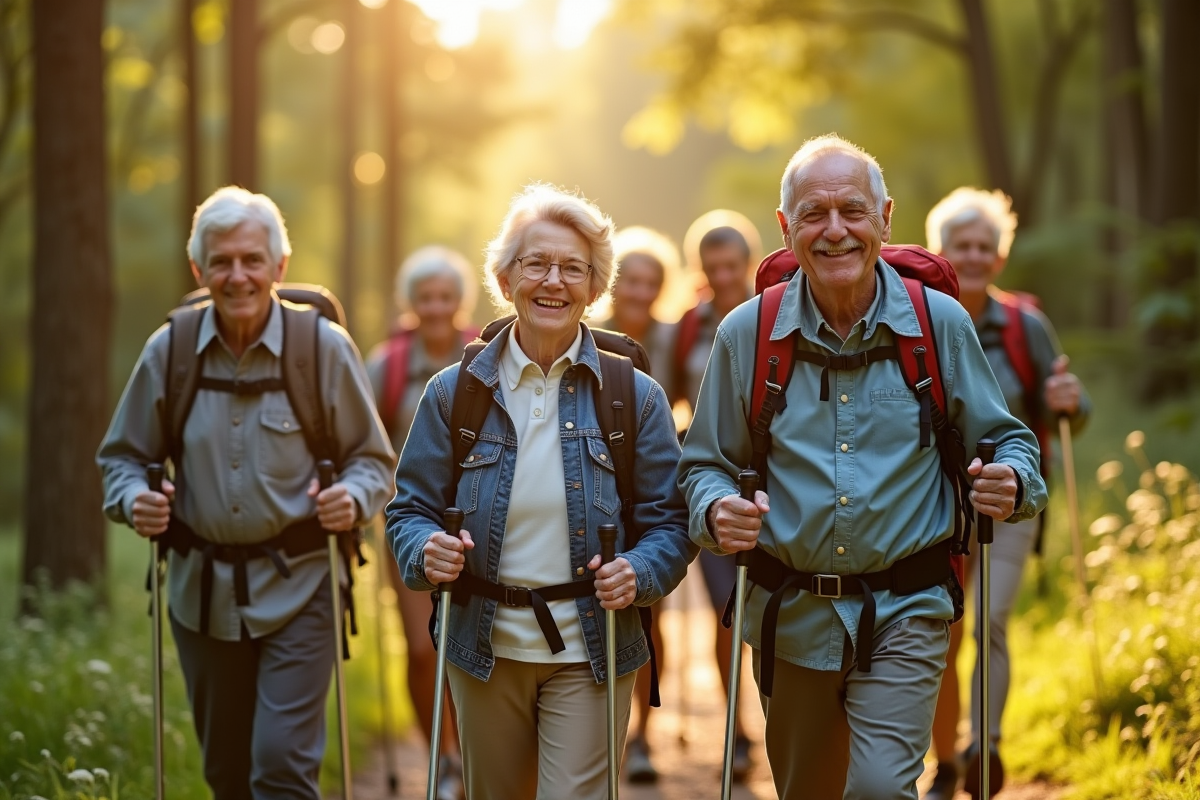 Groupe de seniors faisant une randonnée en forêt ensoleillée