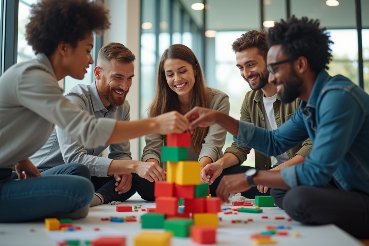 Groupe diversifié construisant une tour de blocs colorés