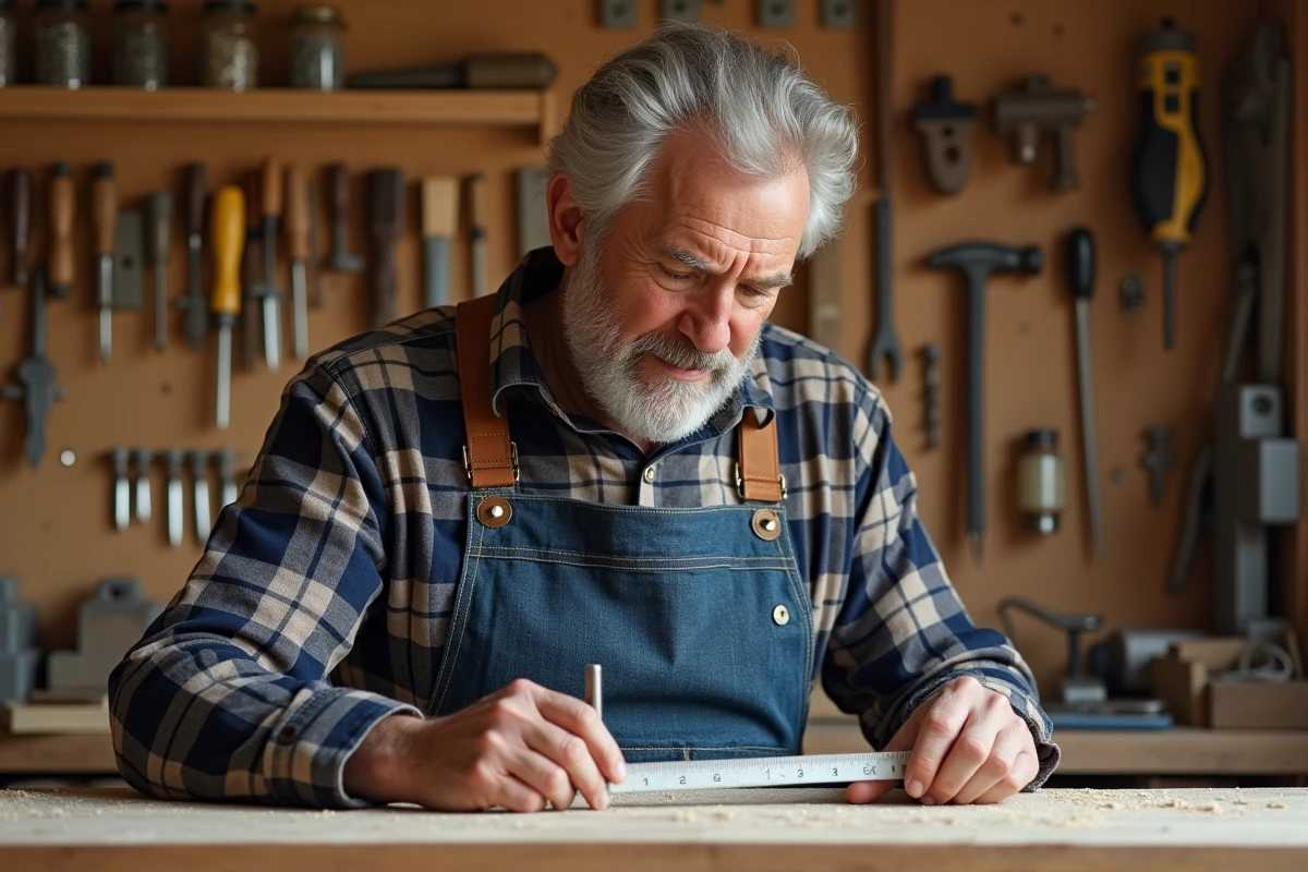 Homme de 60 ans bricoleur inspectant un mètre ruban dans son atelier de menuiserie bien organisé