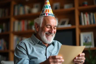 Homme de 60 ans riant aux éclats en lisant une carte d'anniversaire humoristique lors d'une fête à domicile