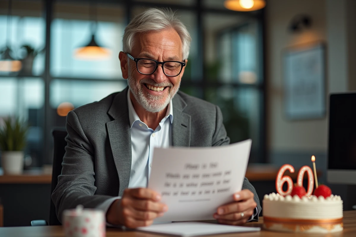 Homme de 60 ans lisant une carte d'anniversaire humoristique à son bureau avec gâteau et cadeaux