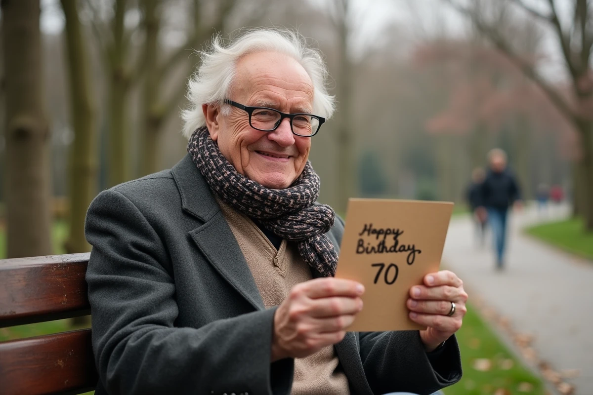 Homme âgé souriant tenant une carte d