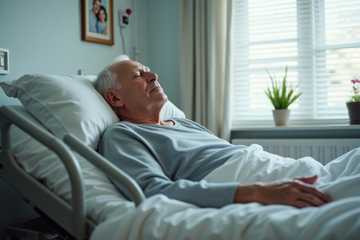Homme âgé endormi dans son lit en maison de retraite, visage serein, chambre médicalisée avec rail de sécurité et photo de famille au mur