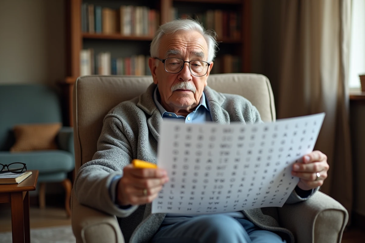Homme âgé en fauteuil utilisant un stabilo pour résoudre une grille de mots mêlés en grands caractères