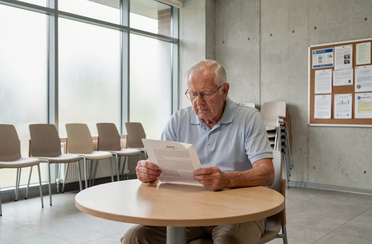 Homme âgé lisant un document officiel relatif à la charte des droits des personnes âgées dans un centre communautaire