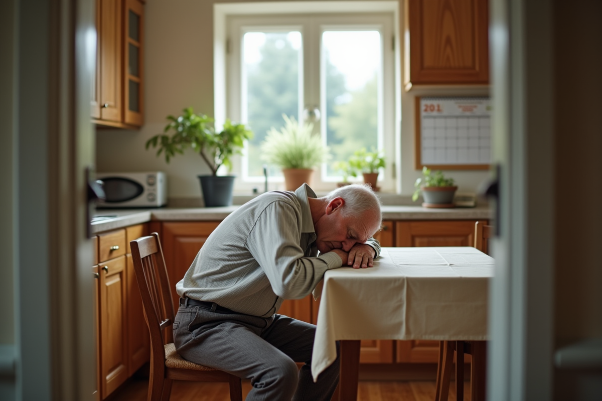 Homme agee dormant dans une cuisine lumineuse