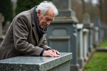 Homme âgé touchant une pierre tombale dans un cimetière calme