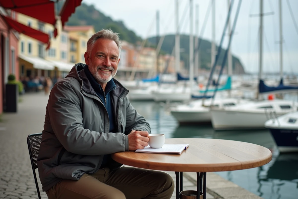 Homme souriant au caf&eacute; pr&egrave;s du port avec voiliers