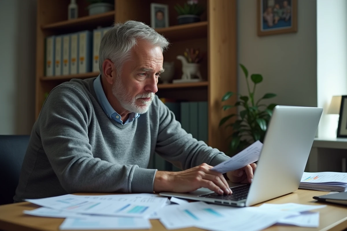 Homme d'âge mûr face à des documents financiers concernant le calcul de sa contribution aux frais d'hébergement de son parent en EHPAD