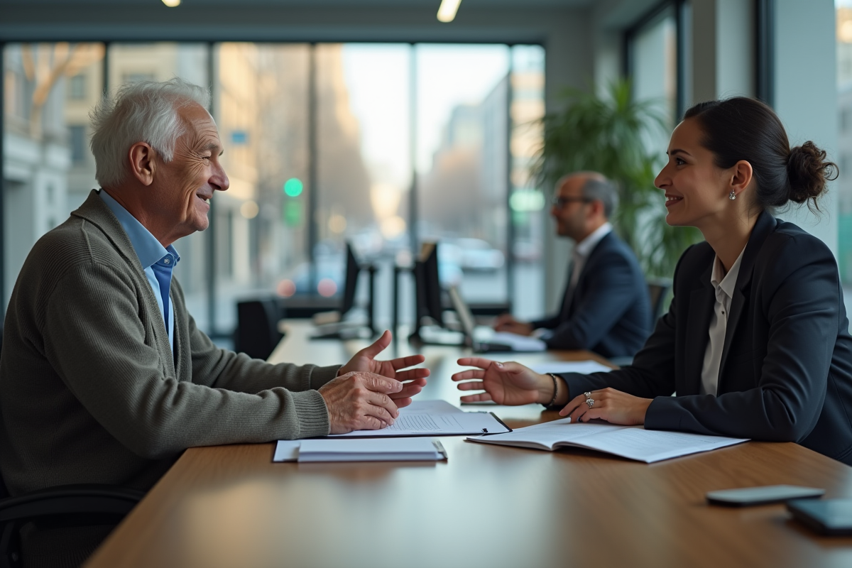 Homme âgé discutant avec une jeune conseillère bancaire