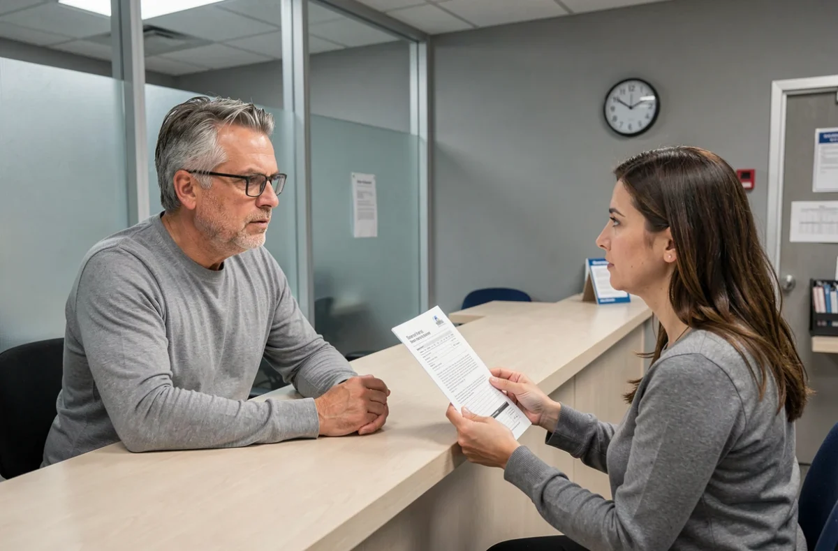 Homme en démarche administrative contestant un calcul de l'AAH dans un bureau de service public