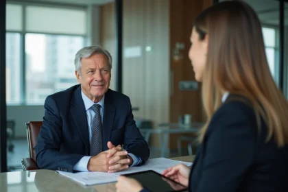 Homme d'affaires senior en r&eacute;union avec une consultante