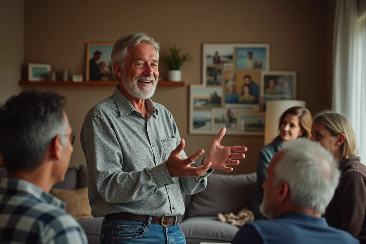 Homme d&eacute;contract&eacute; parlant avec des amis dans un salon chaleureux