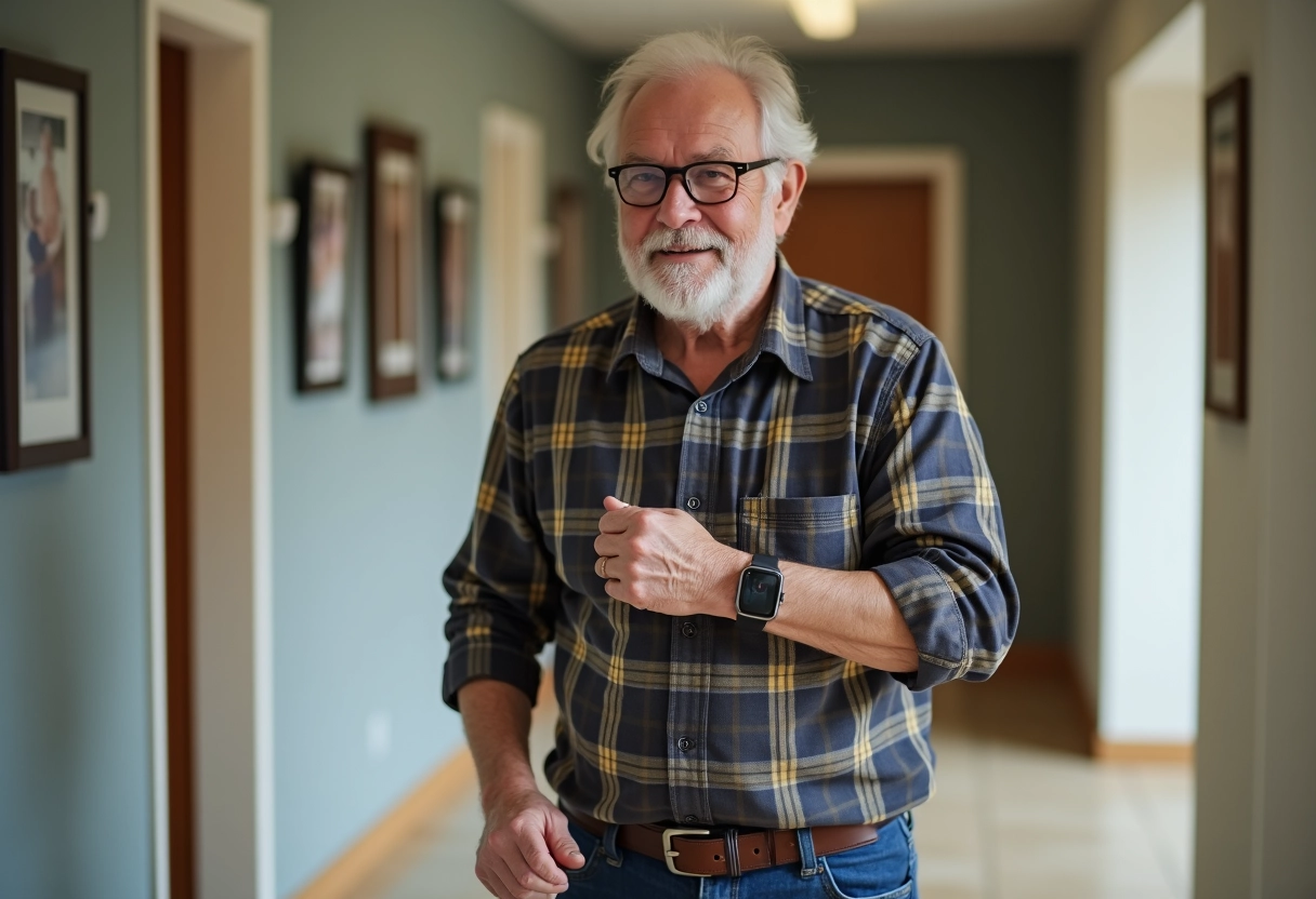 Homme age marchant dans un couloir avec bracelet GPS visible