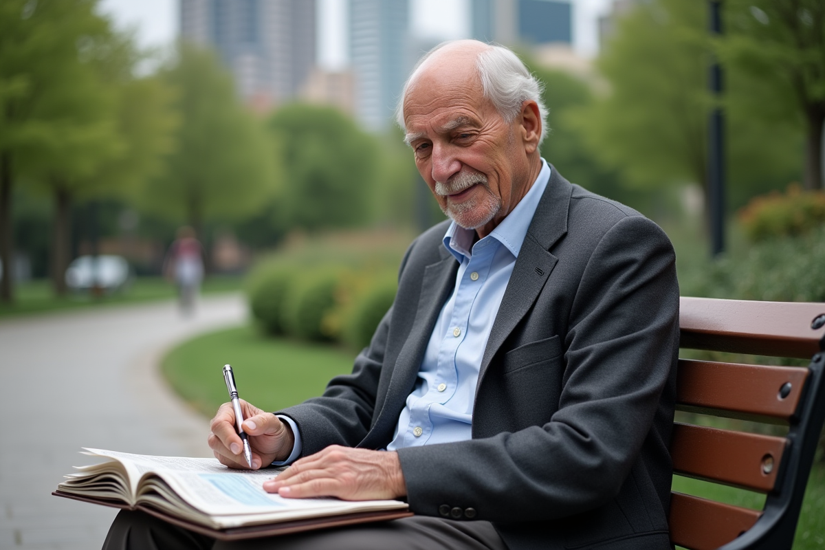Homme âgé prenant des notes sur un banc dans un parc urbain
