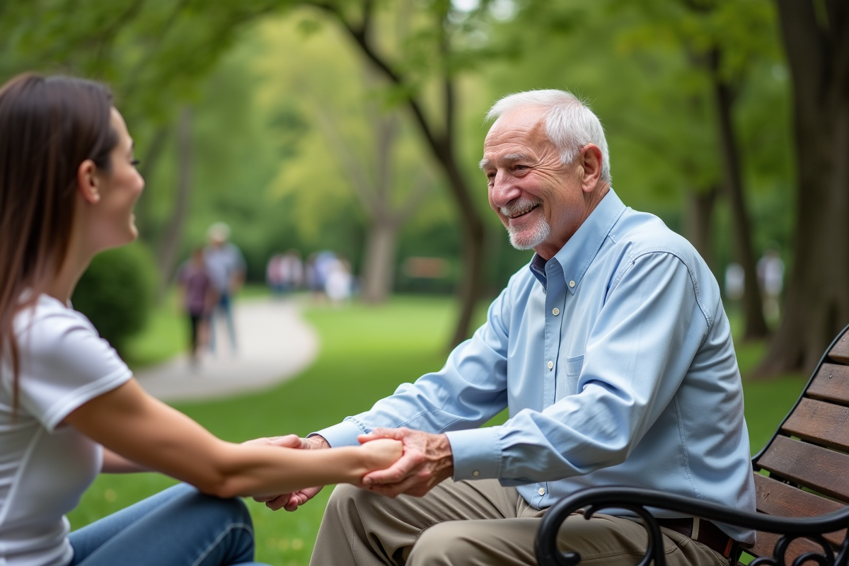 Homme âgé souriant avec un jeune dans un parc en plein air