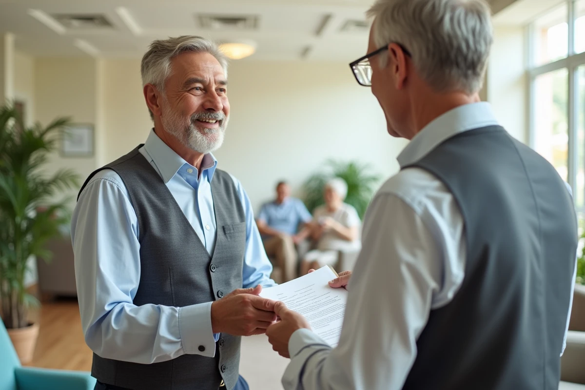 Homme en EHPAD remettant une lettre &agrave; une administratrice