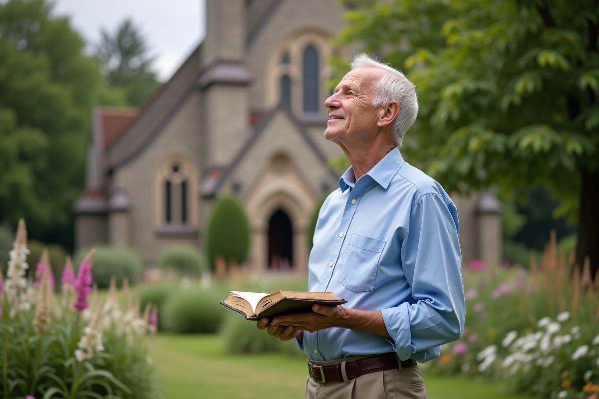 Homme de 70 ans priant dans un jardin d &eacute;glise verdoyant