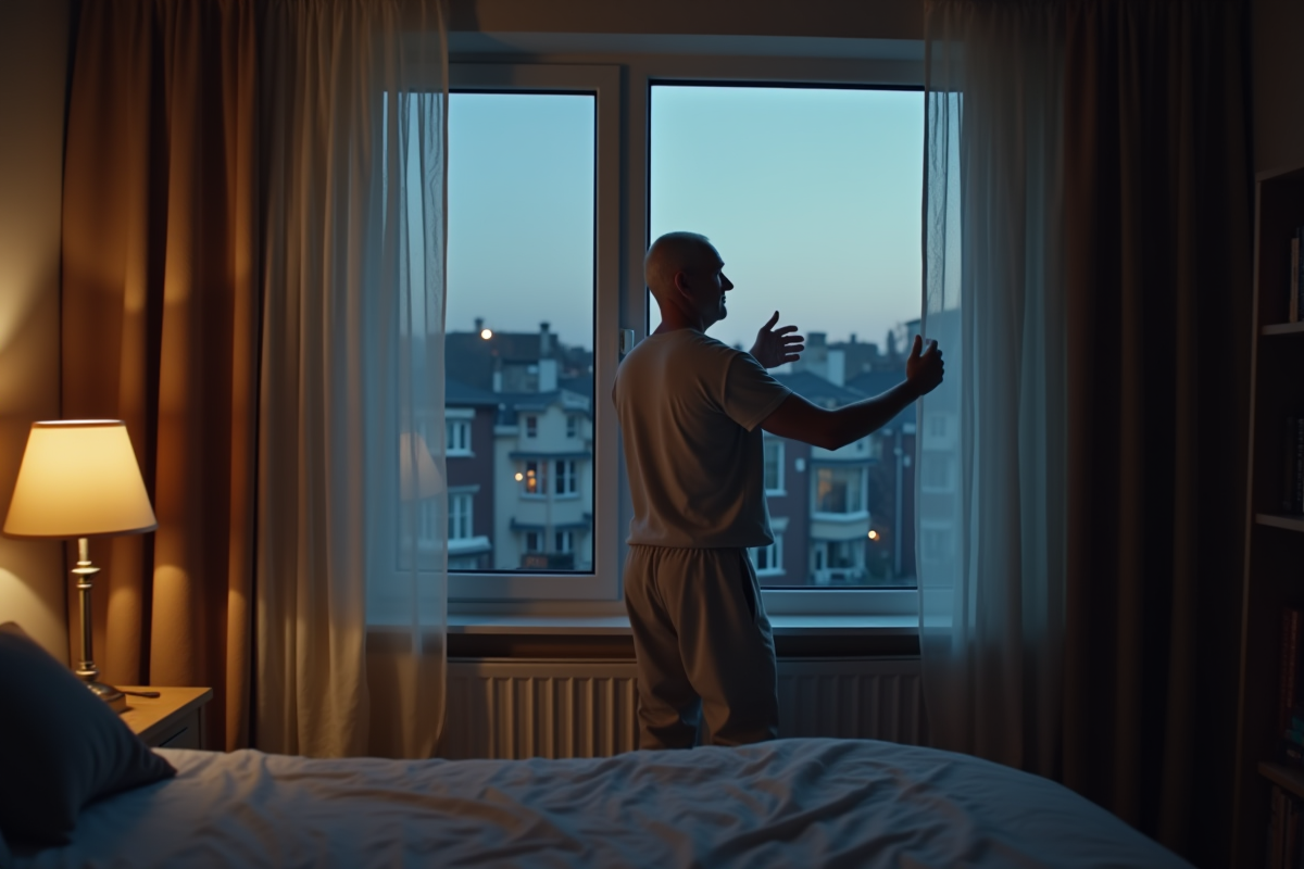 Homme en loungewear ajustant les rideaux dans sa chambre