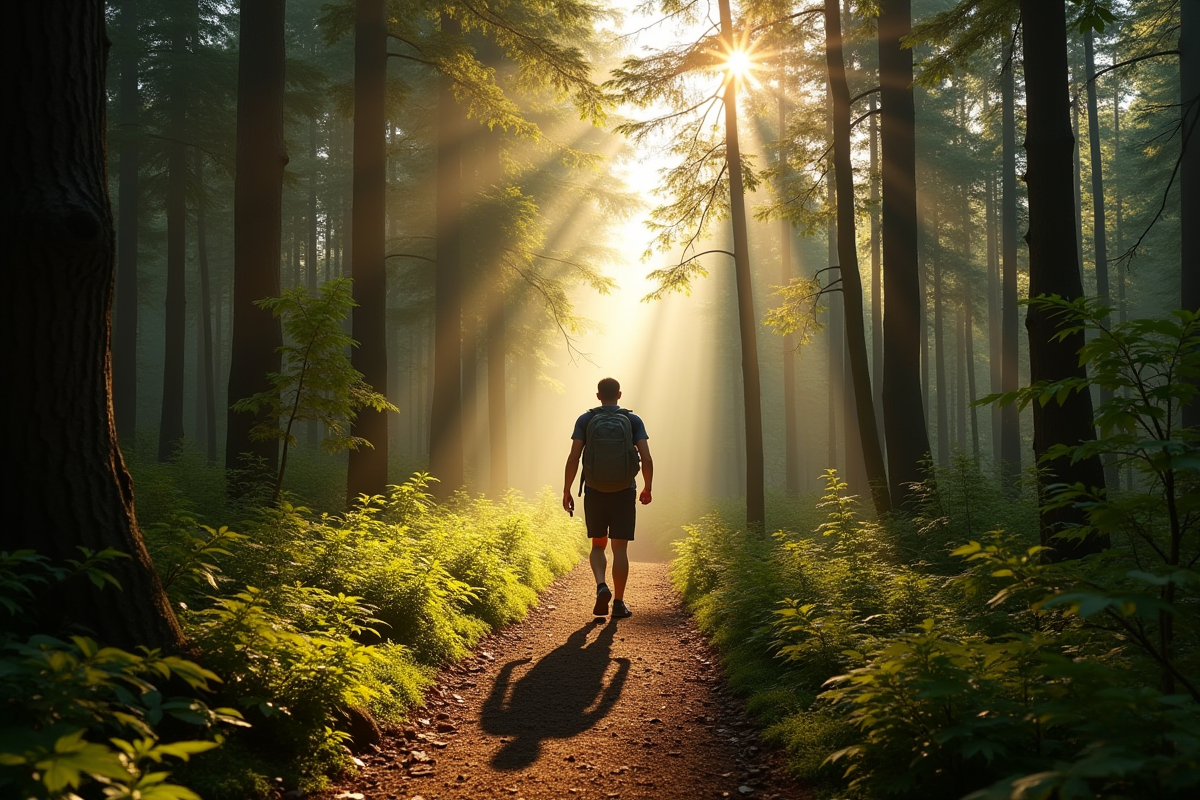 Homme seul en randonnee dans la foret au matin