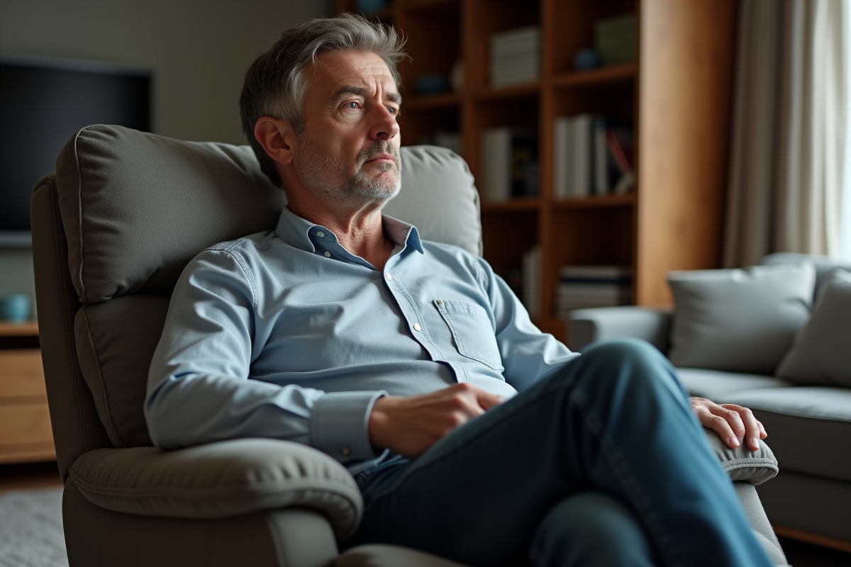 Homme d'âge moyen dans un fauteuil moderne en salon