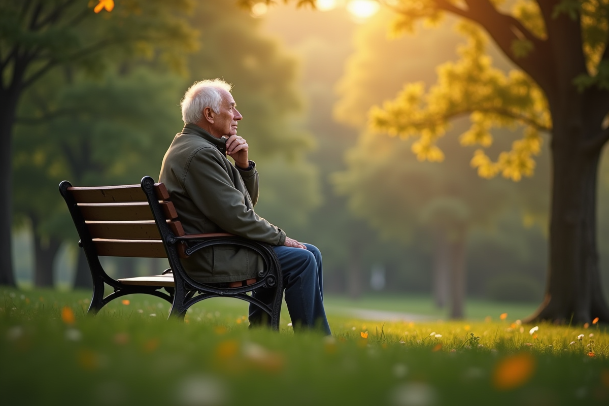 Homme âgé assis sur un banc dans un parc en réflexion