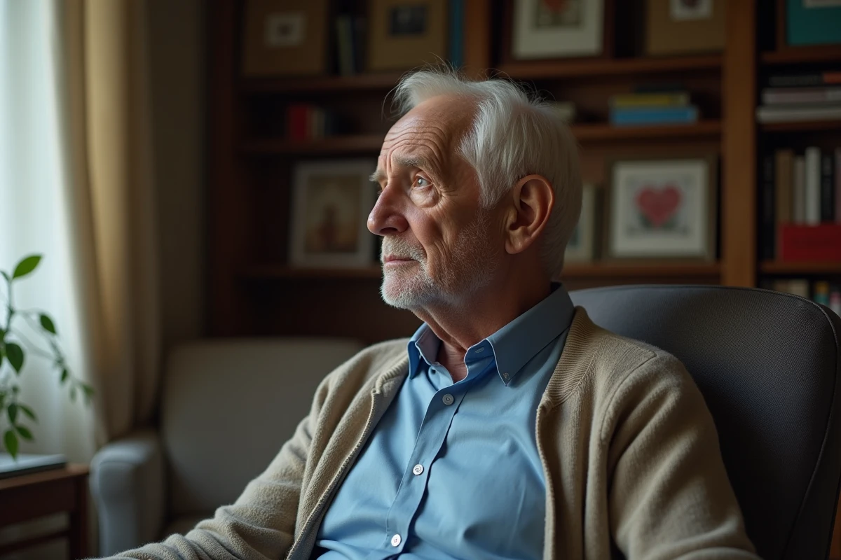 Homme age pense dans un salon avec livres et photos