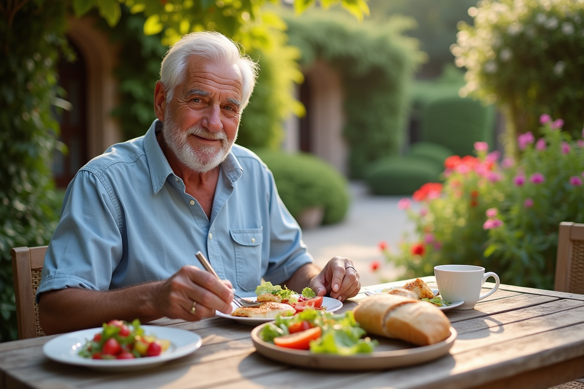 Homme dégustant un repas méditerranéen en extérieur