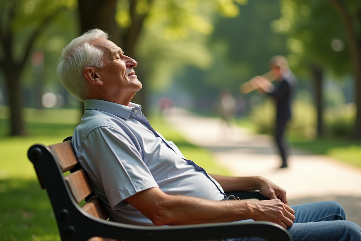 Homme âgé écoutant de la musique dans un parc en plein air