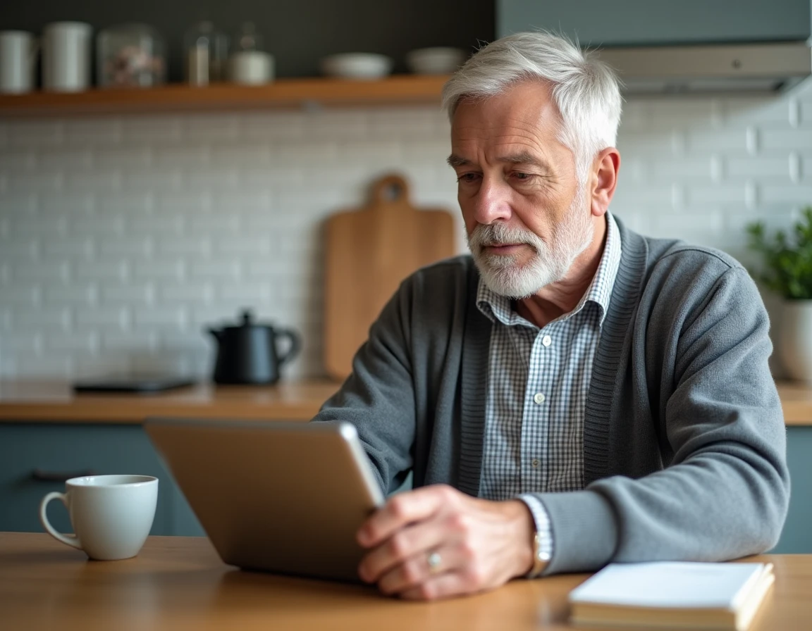 Homme retrait&eacute; utilisant une tablette pour g&eacute;rer son compte Carsat depuis sa cuisine