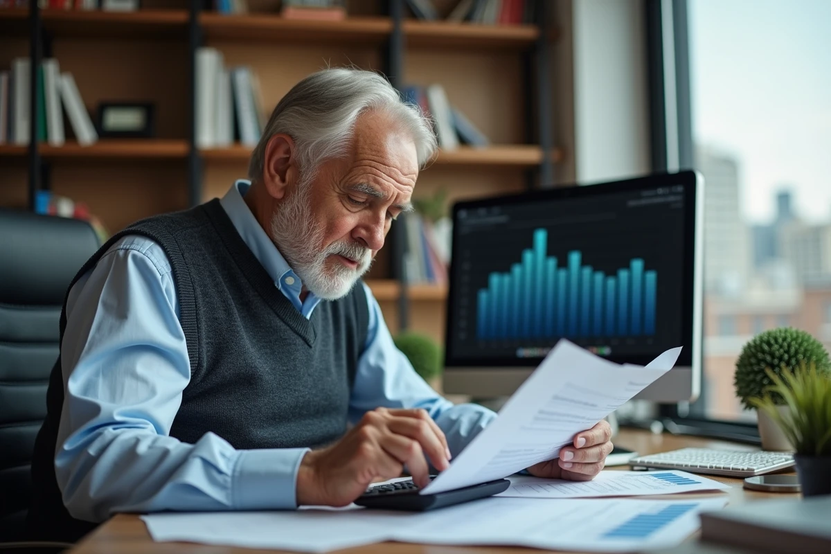 Homme retraité utilisant une calculatrice dans un bureau moderne