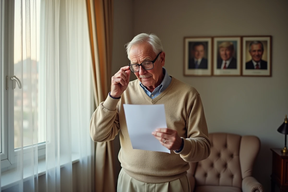 Homme âgé relisant une lettre de retraite dans son salon