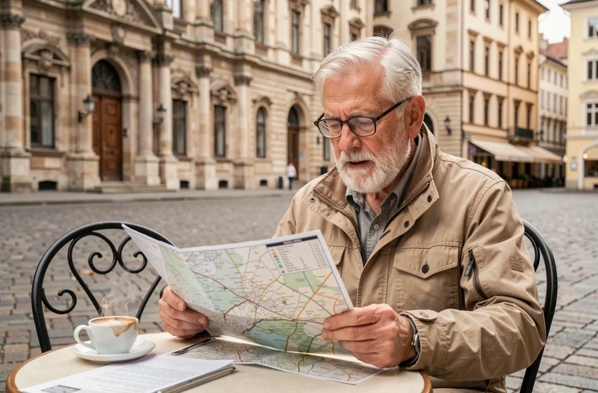 Homme âgé consultant une carte de voyage en terrasse d'un café dans une place européenne
